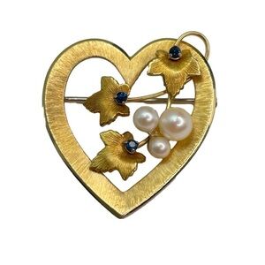 Heart Shaped Brooch Pearls and Tiny Sapphires Signed KREMENTZ Gold Filled
